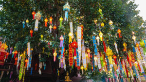 Living in Chiang Mai on a budget, with lanterns hanging from a tree above a Buddha statue inside a local temple