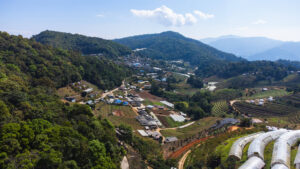 High-angle drone shot showing the winding mountain roads and lush green valleys of the Samoeng Loop Chiang Mai, Thailand.