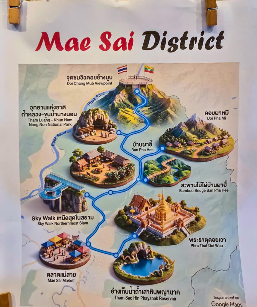 A wall map at Baan Mai Kradan Hostel showing the top tourist attractions and locations in Chiang Rai.