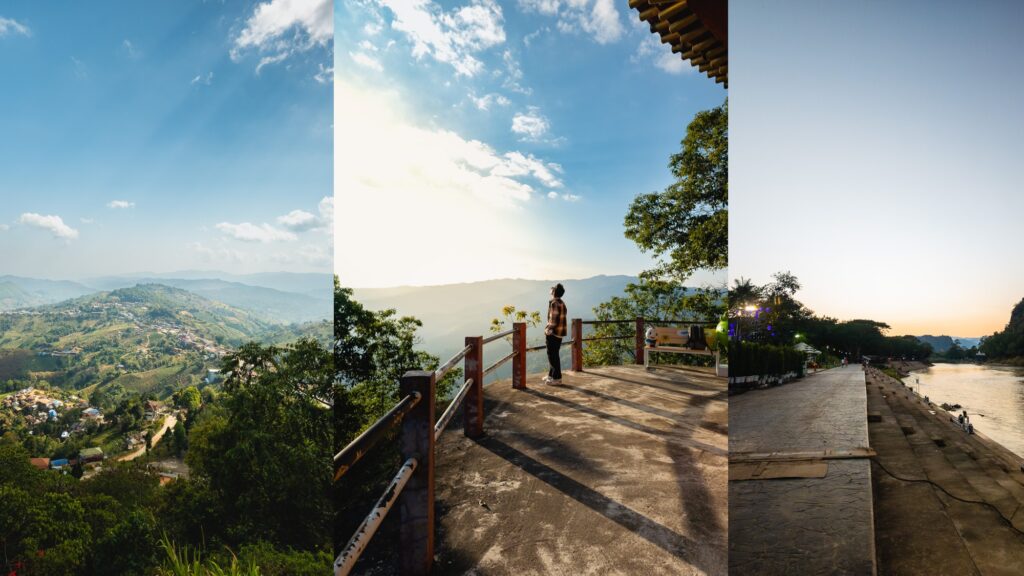 Collage of slow travel moments from North Thailand, including Mae Salong and Chiang Rai
