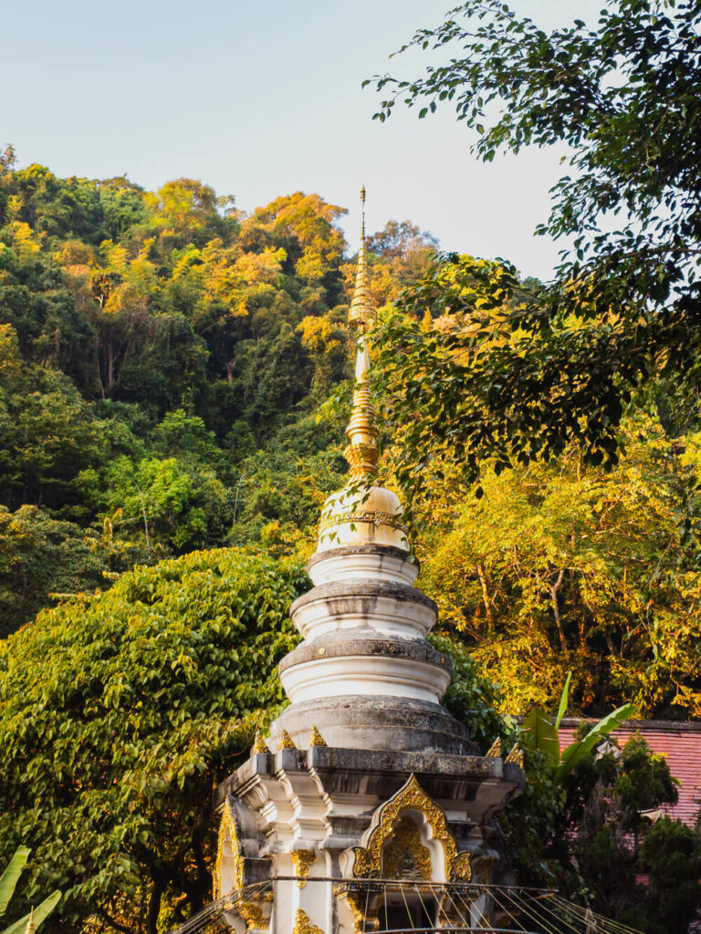 A close up of a white and gold Thai temple spire or chedi surrounded by lush green forest trees in Mae Kampong Village.