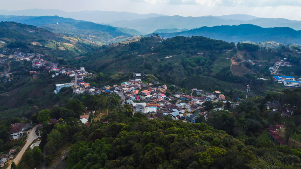 Aerial drone view of the mountain village for our Mae Salong Travel Guide