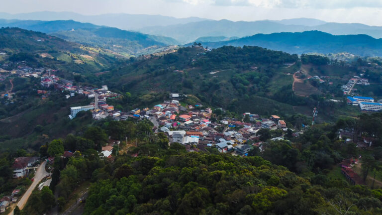 Aerial drone view of the mountain village for our Mae Salong Travel Guide