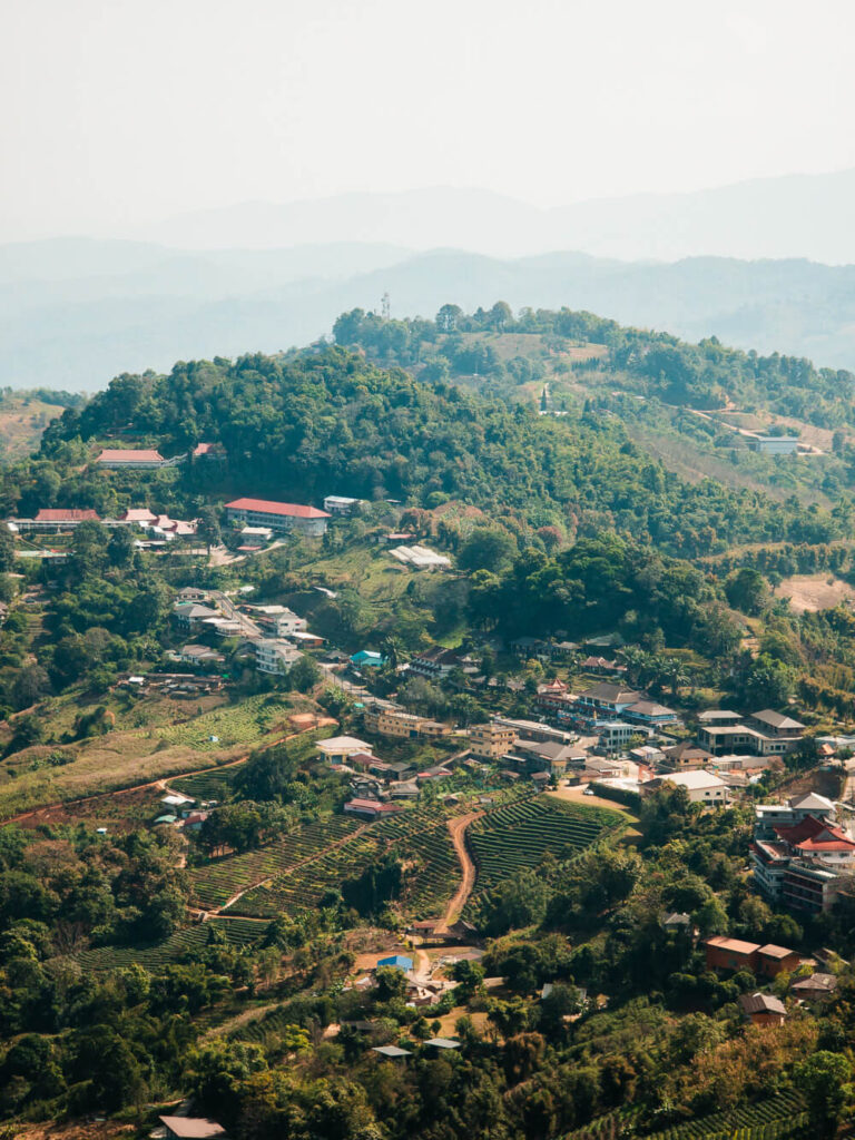 Close-up view of traditional Mae Salong village houses built directly into the steep forested mountain hills