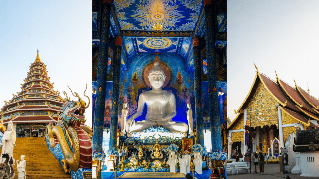 A collage of the Blue Temple, a Chiang Mai temple, and Wat Huay Pla Kang representing Northern Thailand budget travel in 2026.