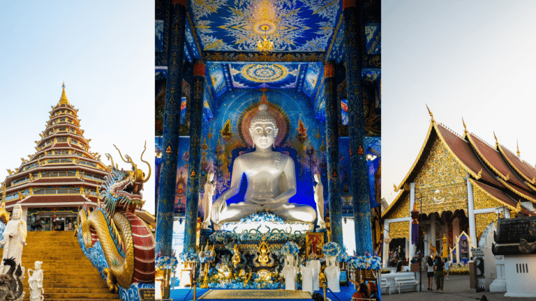 A collage of the Blue Temple, a Chiang Mai temple, and Wat Huay Pla Kang representing Northern Thailand budget travel in 2026.