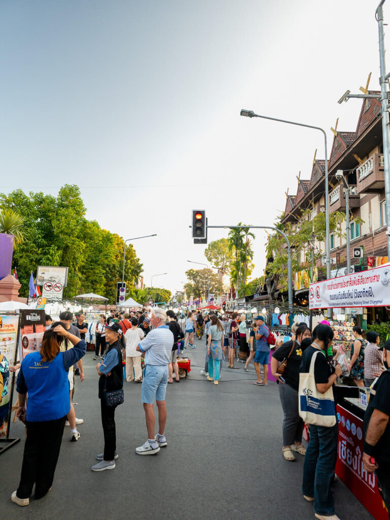Crowds and stalls at the famous Chiang Mai Sunday Walking Street market.