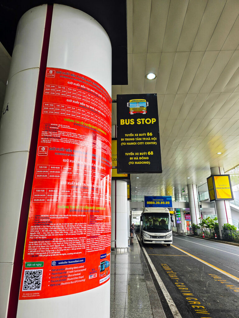 The designated waiting area for the Airport Bus 86 just outside the arrivals terminal at Hanoi Airport.