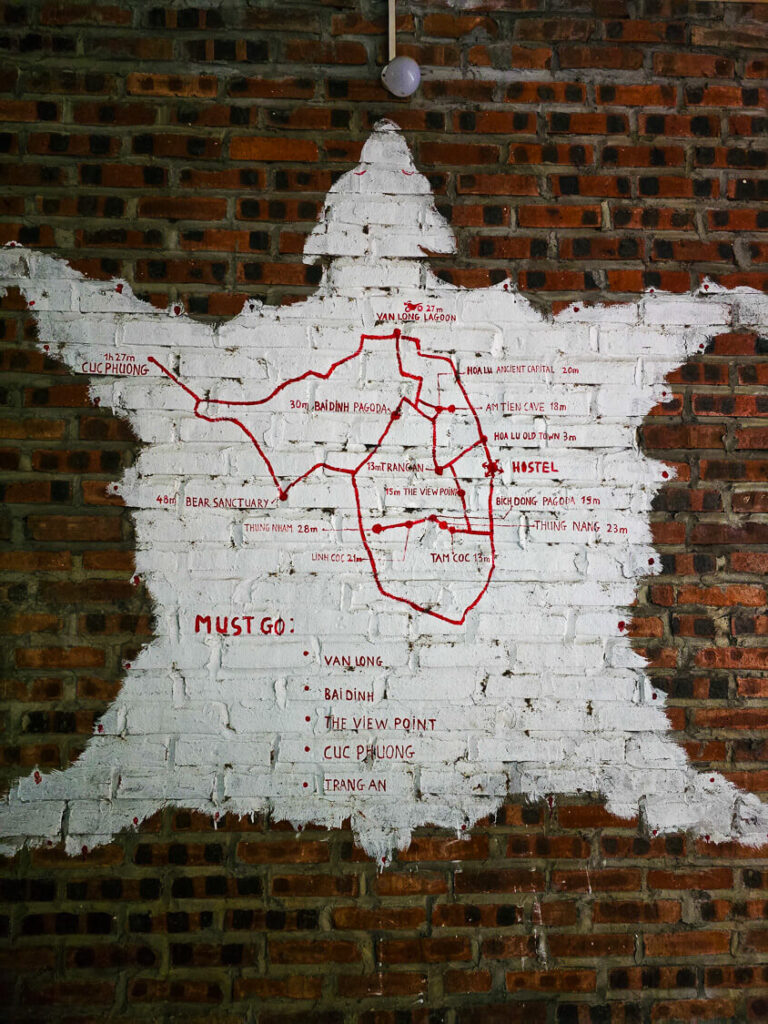 A hand drawn travel map showing the best local spots and routes in Ninh Binh.