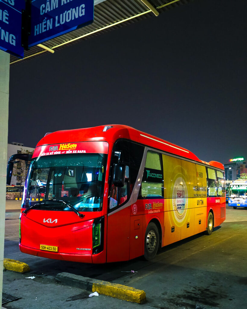 The exterior of a sleeper bus used for the popular overnight journey from Hanoi to the mountain town of Sapa.