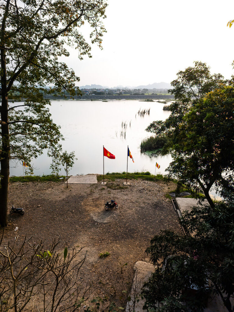 Looking down at the wetlands of Van Long Nature Reserve from a high vantage point.