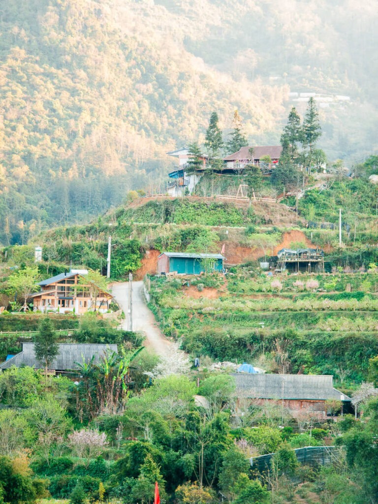 A small house built on a steep green mountain slope in the sapa countryside