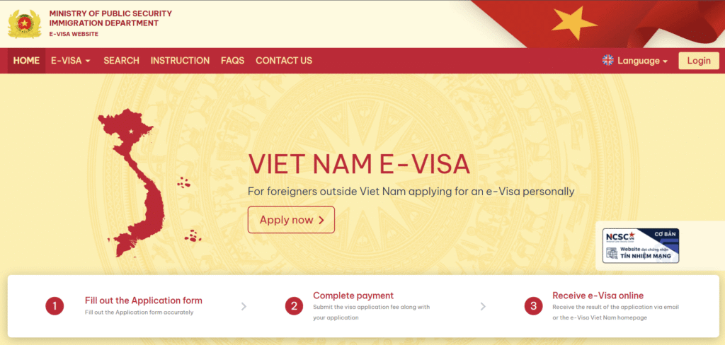 A screenshot of the official Vietnam e-Visa government portal at evisa.gov.vn showing the electronic visa application form.
