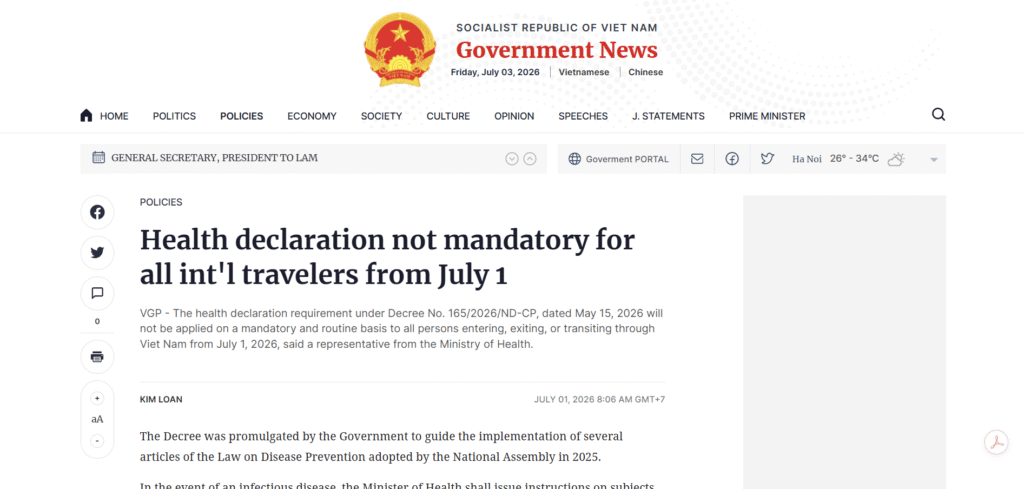 Official Vietnam Government announcement explaining that a health declaration is not currently required for all international travelers in 2026