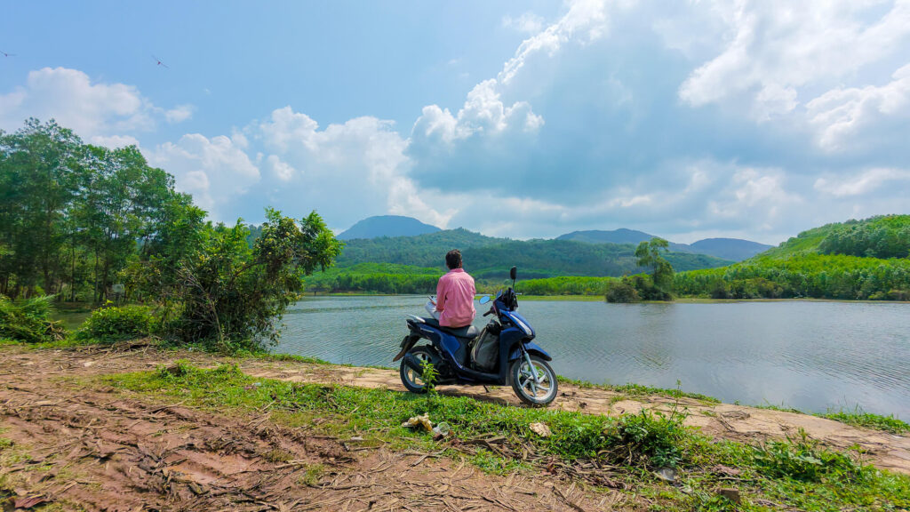 Sitting on a rented scooter near the ancient My Son Sanctuary during an extended trip in Central Vietnam.
