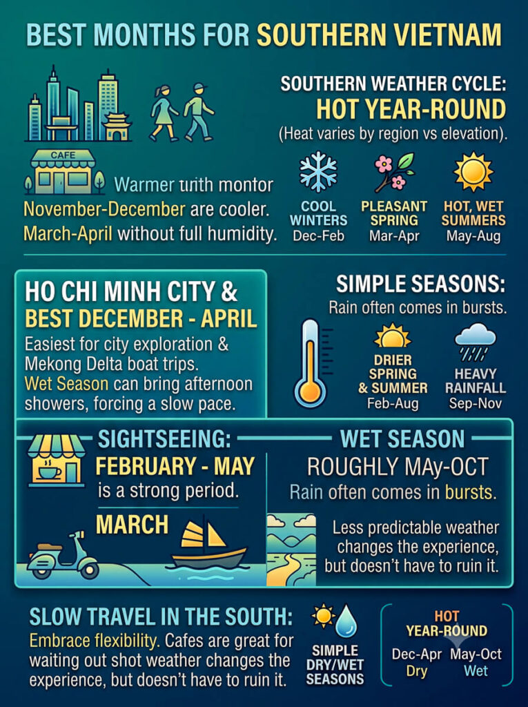 Best Months to Visit Vietnam: A Month-by-Month Guide 4 An infographic illustrating the simple dry and wet seasons of Ho Chi Minh City and the Mekong Delta to plan the best months to visit Vietnam.
