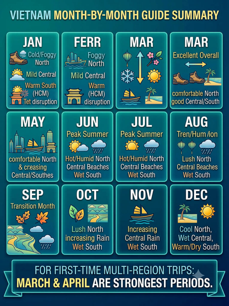 Best Months to Visit Vietnam: A Month-by-Month Guide 5 A comprehensive 12-month calendar summarizing the weather conditions across all three regions to track the best months to visit Vietnam.
