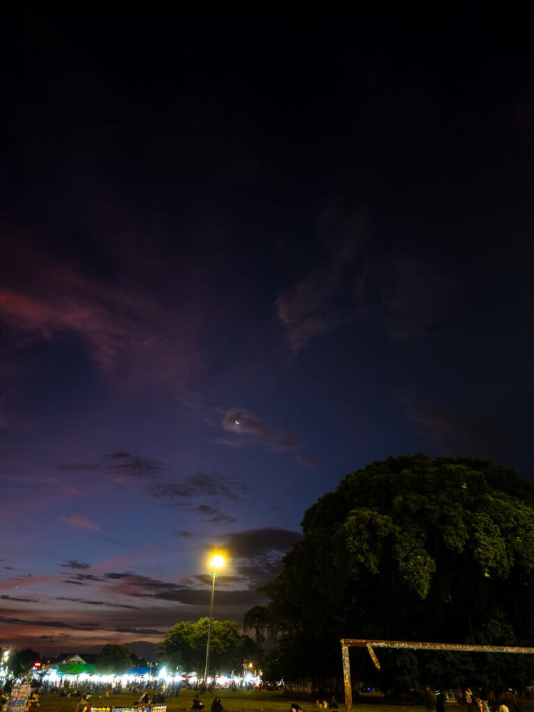 2 Days in Yogyakarta: A Slow Travel Itinerary for Central Yogyakarta 6 Two massive banyan trees silhouetted at night beneath a glowing moon at Alun-Alun Kidul square.