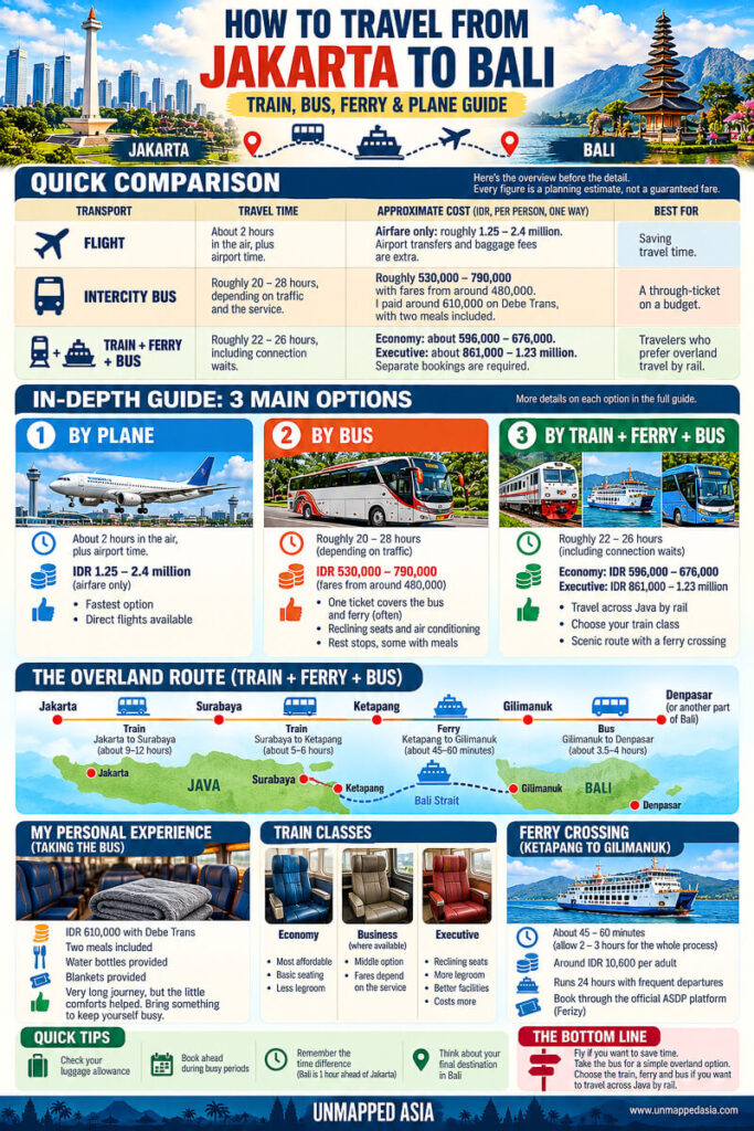 Jakarta to Bali 2026: The Perfect Guide to Flights, Buses, & Ferries 1 Infographic comparing travel times, costs, and options for flights, buses, and trains from Jakarta to Bali.