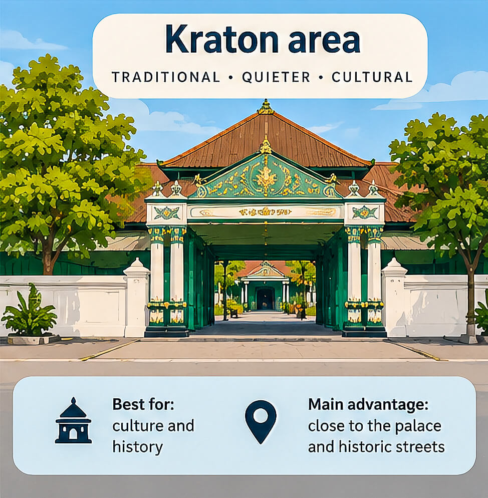 Where to Stay in Yogyakarta: Best Areas for Every Traveler 5 Infographic showing the Kraton palace district, ideal for travelers wanting to stay in the cultural and historic center of Yogyakarta.