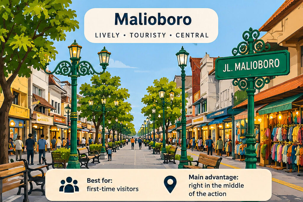 Where to Stay in Yogyakarta: Best Areas for Every Traveler 2 Infographic detailing the Malioboro neighborhood, explaining why it is the best area to stay in Yogyakarta for first-time visitors.