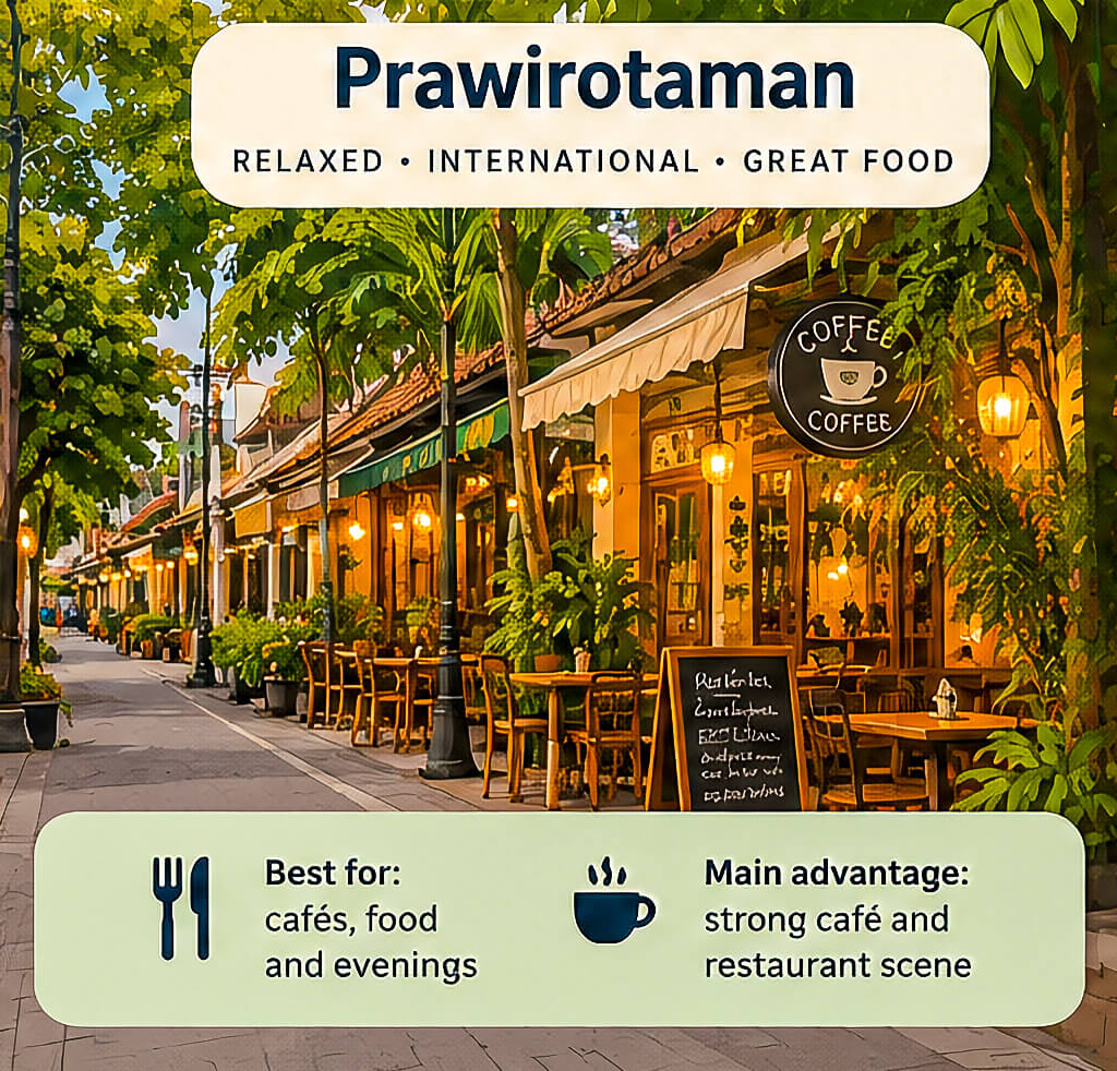 Where to Stay in Yogyakarta: Best Areas for Every Traveler 4 Infographic outlining the Prawirotaman neighborhood, the best place to stay in Yogyakarta for cafes, international food, and nightlife.
