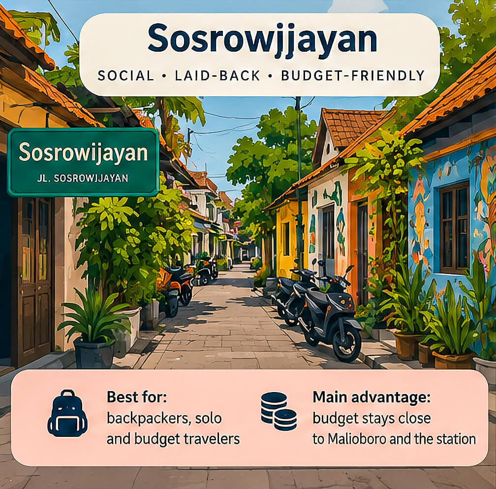 Where to Stay in Yogyakarta: Best Areas for Every Traveler 3 Infographic overview of the Sosrowijayan neighborhood, known as the top spot for backpackers and budget travelers in Yogyakarta.