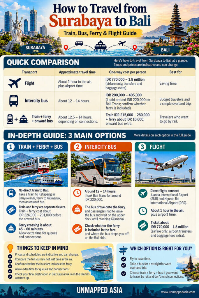 Surabaya to Bali 2026: How to Plan the Perfect Island Journey 1 Infographic comparing the travel times, estimated costs, and transport options for traveling from Surabaya to Bali by flight, bus, and the train-ferry route.