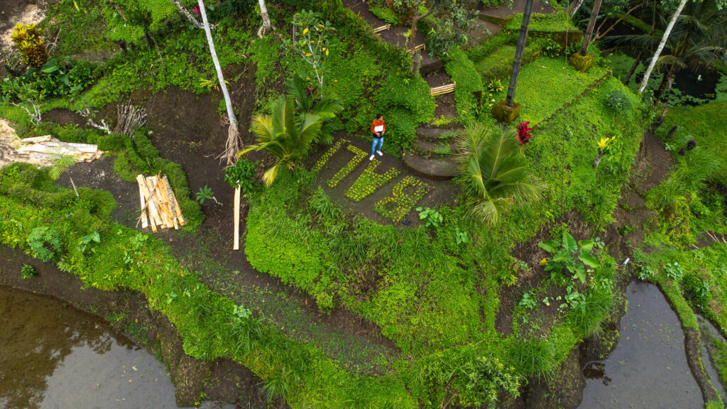 How to Plan a Trip to Bali 2026: The Ultimate Regional Travel Guide 3 A person standing in the vibrant green Tegallalang Rice Terraces next to a decorative sign spelling Bali made out of woven grass.