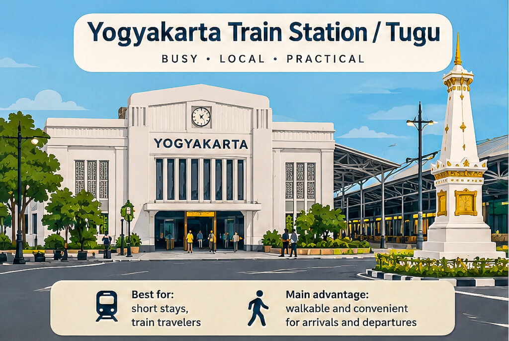 Where to Stay in Yogyakarta: Best Areas for Every Traveler 1 Infographic breaking down the pros, cons, and best traveler types for staying near Yogyakarta Train Station and the Tugu area.