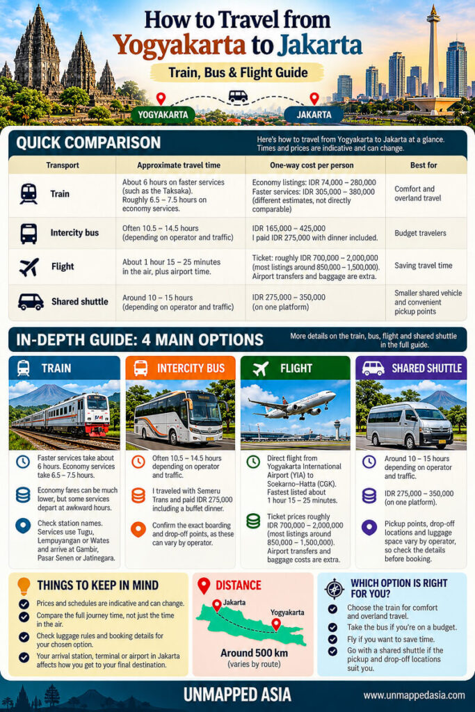 How to Travel from Yogyakarta to Jakarta: Transport Guide 2026 1 Infographic comparing train, bus, flight, and shuttle options for traveling from Yogyakarta to Jakarta, including prices and travel times.