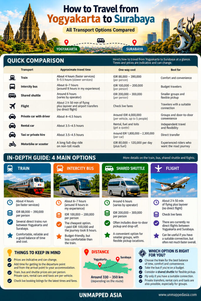 How to Travel from Yogyakarta to Surabaya 2026: The Ultimate Guide 1 An infographic comparing transit options between Yogyakarta and Surabaya, detailing estimated costs, travel times, and comfort levels for trains, buses, and private transfers.